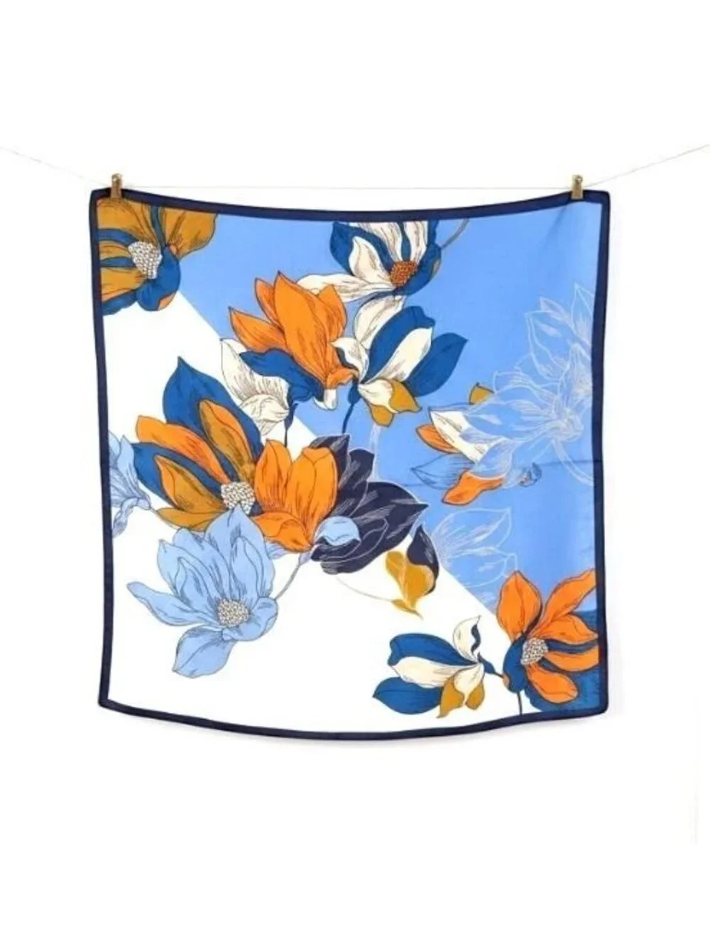 ✨Luxury Silky Scarf Orange Navy Blue Geometric Floral Link Pattern Square Wrap✨